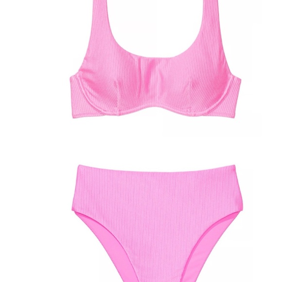 PINK Victoria’s Secret Pink Ribbed Bikini Set Size M High Waist Swimwear NWT - Picture 1 of 8